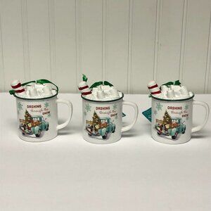 3 Pioneer Woman Christmas Hot Cocoa White Mug Tree Ornament Holiday Truck Henry